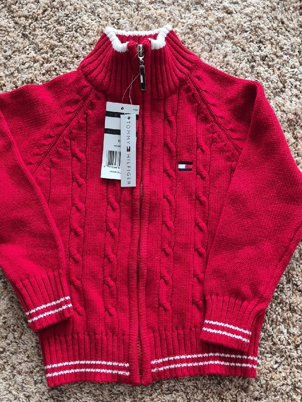Tommy Hilfiger Red Cable Knit Zip Cardigan with White Trim, 4T, Nwt